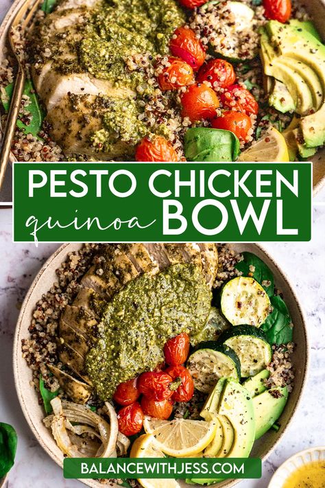 Pesto Chicken Quinoa Bowl Pesto Chicken Quinoa Bowl, Quinoa Bowls Healthy, Chicken Quinoa Bowl, Healthy Pesto, High Protein Meals, Chicken Quinoa, Chicken Breast Seasoning, Quinoa Bowl, Protein Meals