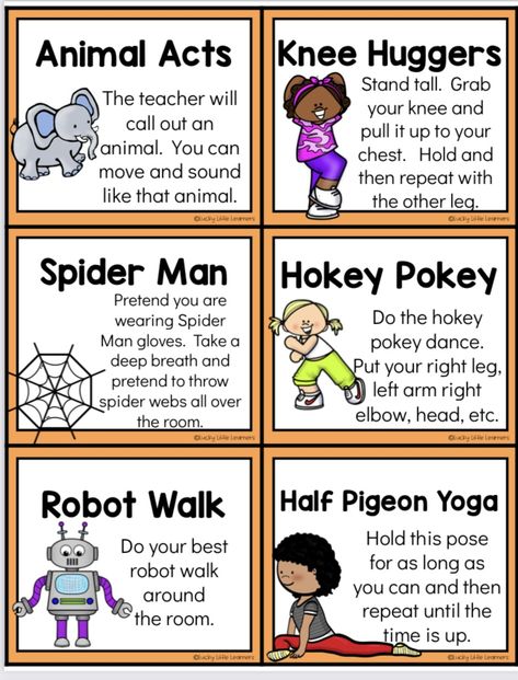 Brain Breaks For Preschoolers, Brain Breaks Preschool, Brain Breaks Elementary, Camp Schedule, Kids Exercise Activities, Movement Cards, Elementary Physical Education, Teaching Lessons Plans, Circle Time Songs