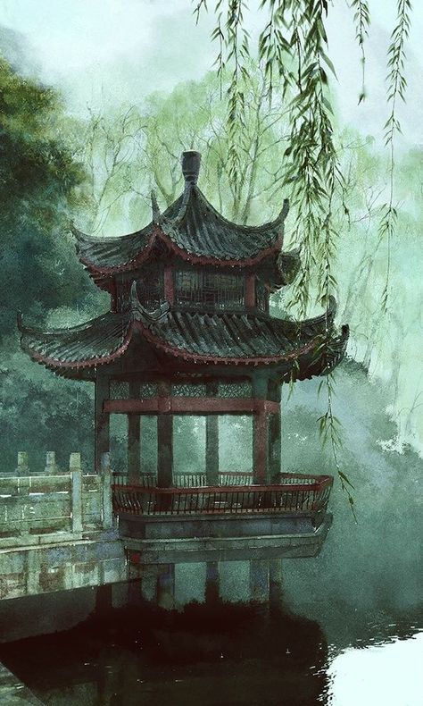 TITLE UNKNOWN BY IBUKI SATSUKI. Similiar small pagodas are popular in gardens throughout Asia. Many placed in the water or beside ponds. www.richard-neuman-artist.com Ap Painting, Ancient Chinese Painting, Fantasy History, Asian Landscape, Fantastic Voyage, Art Chinois, Arte 8 Bits, Asian Architecture, Japanese Art Prints