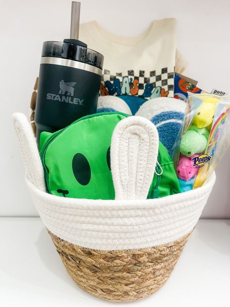 Toddler Easter Ideas, Boy Easter Basket Ideas, Dinosaur Basket, Smile Slippers, Dinosaur Easter Basket, Boy Easter Basket, Happy Face Slippers, Toddler Easter Basket, Toddler Boy Easter