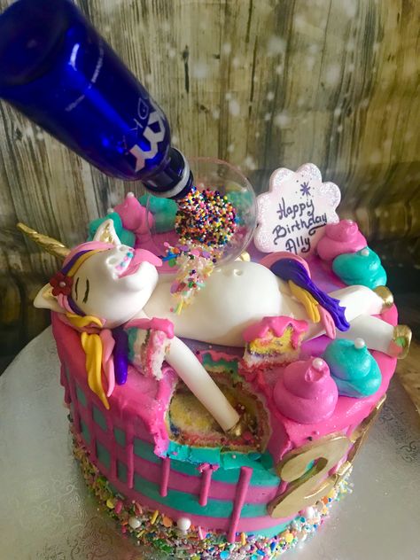 Tipsy Unicorn 🦄 Cake for 21st Birthday! #TipsyUnicornCake #UnicornDripCake #21stBirthdayUnicornCake Drunken Cake, Cake For 21st Birthday, Unicorn Disco Cake, Chocolate Unicorn Birthday Cake, Costco Unicorn Cake, Unicorn Eating Birthday Cake, Unicorn Cake With Ice Cream Cone Horn, 30th Birthday Bash, Flat Cakes