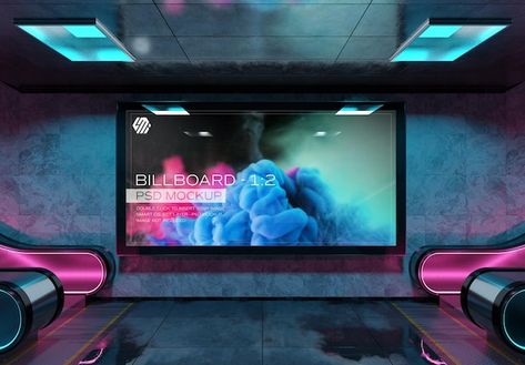 PSD panoramic billboard in futuristic un... | Premium Psd #Freepik #psd #display-board #horizontal-mockup #wall-poster #poster-frame Underground Station, Futuristic Aesthetic, Billboard Design, Promotional Design, Graphic Design Resources, Graphic Editing, Close Image, Cellphone Wallpaper, Digital Graphics