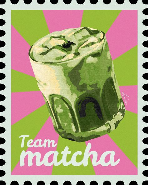 Matcha latte - estampilla team matcha - girl design The Matcha Club, Matcha Png, Matcha Illustration, Matcha Poster, Matcha Branding, Matcha Design, Matcha Girl, Matcha Aesthetic, Dessert Illustration