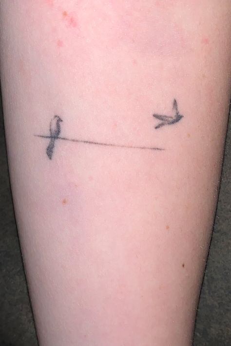 Parents Inspired Tattoos, Bird On Powerline Tattoo, Crow On A Wire Tattoo, Simple Tattoos For Parents, Birds On A Line Tattoo, Line People Tattoo, Two Birds On A Wire Tattoo, Bird On A Wire Tattoo, One Line Bird Tattoo