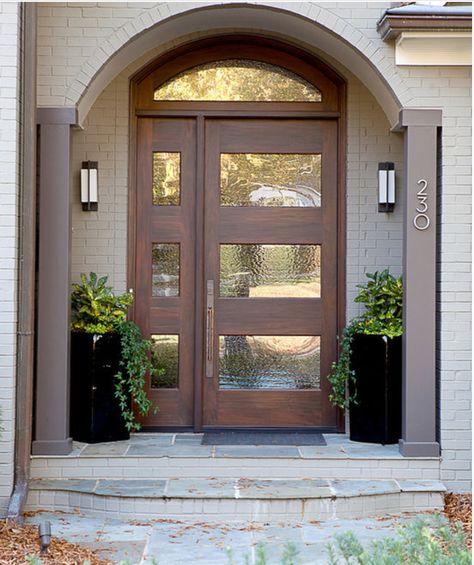 Great single side panel and transom option Arched Front Door, Best Front Doors, Front Door Styles, Modern Exterior Doors, Contemporary Front Doors, Front Door Entryway, Farmhouse Doors, Modern Front Door, Double Door Design