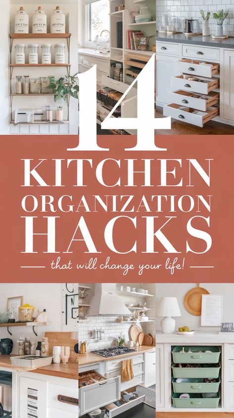 14 Kitchen Organization Hacks That Will Change Your Life! Kitchen Cabinet Hacks Organization Ideas, Kitchen Organization Hacks, Pantry Space, Organize Kitchen, Kitchen Storage Hacks, Organized Kitchen, Kitchen Organization Diy, Kitchen Hacks Organization, First Kitchen