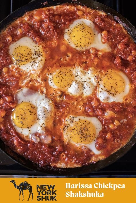 In Israel, shakshuka is the ideal brunch fare and as we enjoy breakfast for dinner more often then not, it also makes for the perfect mid week dinner. Chickpea Shakshuka, Matbucha Recipe, Roasted Eggplant Salad, Moroccan Carrot Salad, Pantry Recipes, Preserved Lemon, Dry Chickpeas, Lamb Meatballs, Egg Dishes