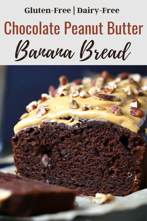 Incredibly moist gluten free chocolate peanut butter banana bread recipe. This is the best easy to make banana bread. A simple cake mix healthy recipe for breakfast or for a quick grab and go snack. #easybananabread #chocolatebananabread #cakemix #healthy #bestbananabread #glutenfreechocolatebananabread #peanutbutter Gluten Free Chocolate Peanut Butter, Peanut Butter Banana Bread Recipe, Chocolate Peanut Butter Banana Bread, Chocolate Bread Recipe, Chocolate Banana Bread Recipe, Butter Banana Bread, Chocolate Peanut Butter Recipes, Peanut Butter Banana Bread, Gluten Free Banana Bread