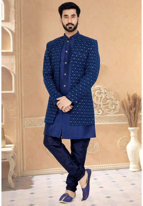 Navy Blue Designer Indo Western Outfit Western Outfits For Men, Indo Western Outfits For Men, Indo Western Outfit, Indo Western Outfits, Sherwani For Groom, Blue Sherwani, Stylish Kurta, Sherwani Groom, Gents Kurta