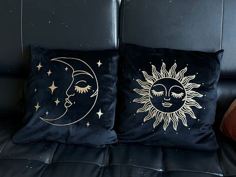 MADE TO ORDER  Celestial Pillows, one is a sun and the other is a moon. They go well together as a pair!  Other side is blank. This is two pillows, including their inserts. Inserts can be taken out so covers can be washed if needed.  Can be made in lots of color variations. We'll be sure to reach out if we have any questions!  *pictured is black velvet with gold glitter vinyl*  We look forward to connecting with you! Celestial Pillows, Hippy House, Celestial Room, Home Decor Wallpaper, Home Decor Aesthetic, Fantasy Stuff, Home Design Inspiration, Aesthetic Home Decor, Home Decor Ideas Living Room