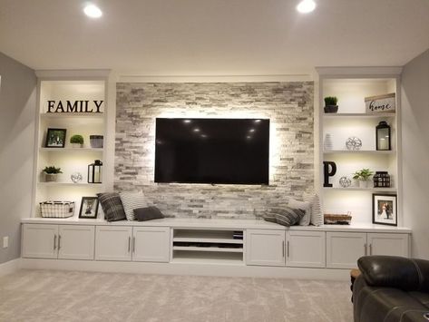 Built In Wall Units, Built In Entertainment Center, Built In Shelves Living Room, Living Room Wall Units, Living Room Built Ins, Living Room Entertainment Center, Basement Living Rooms, Home Decor Aesthetic, Basement Makeover