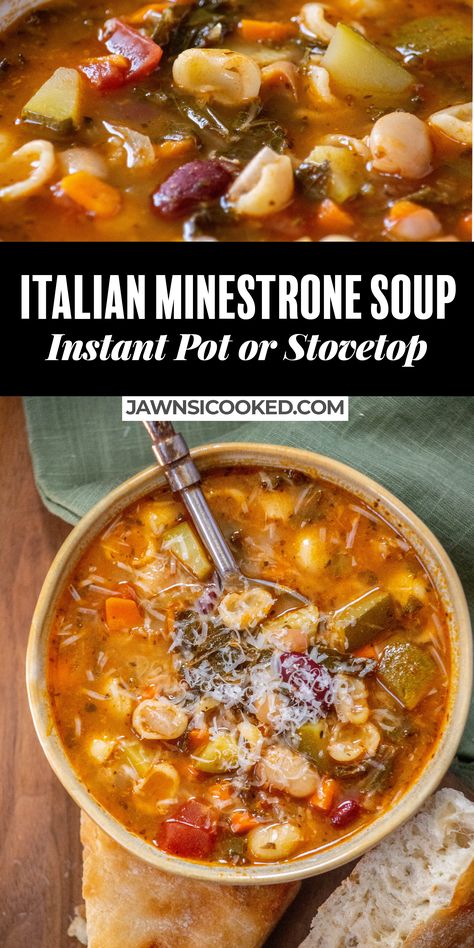 This quick and easy hearty Italian Minestrone Soup with Kale comes together in less than 30 minutes, and can be made in the Instant Pot, or on the stovetop! Loaded with cannellini and kidney beans, chopped fresh kale, zucchini, carrots and tomatoes- this richly flavored vegetarian Minestrone soup goes great with a sprinkle of parmesan cheese and a hunk of crusty bread. Mangia! Minestrone Soup With Kale, Minestrone Soup Instant Pot, Vegetarian Minestrone, Crockpot Minestrone, Italian Minestrone Soup, Vegetarian Minestrone Soup, Soup Night, Minestrone Soup Easy, Soup With Kale