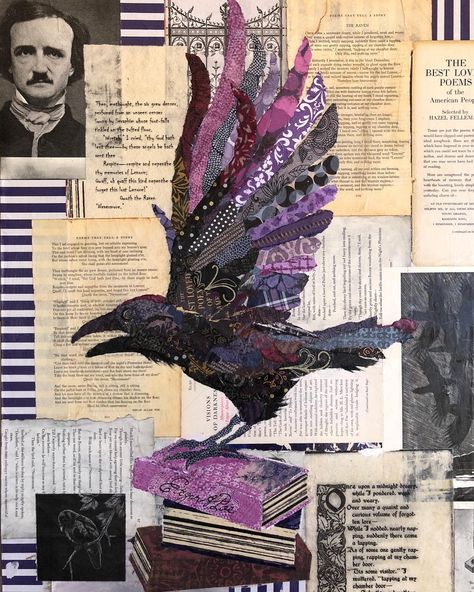 Raven Edgar Allen Poe, Multimedia Collage, Poetry Collage, Aesthetic Overlays, Book Art Ideas, Torn Paper Art, Paper Art Ideas, Torn Paper Collage, Mixed Media Workshop