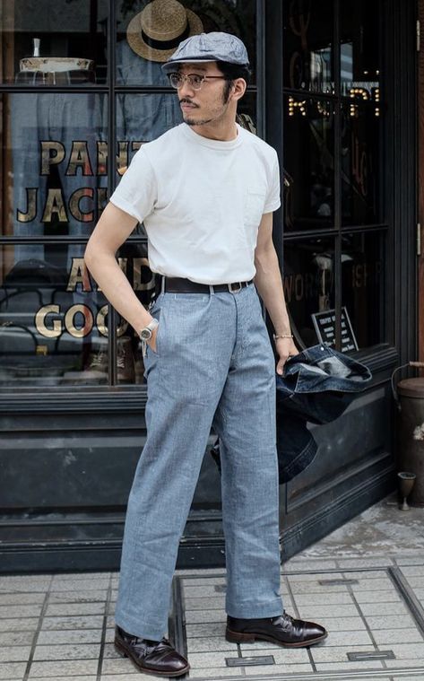 Summer Slacks Outfit, Gender Neutral Prom Outfit, 50s Outfits Men, Mens Vintage Outfits, Summer Season Outfits, Outfits For Males, Vintage Outfits Retro, Vintage Men's Fashion, Japanese Workwear