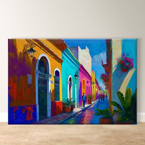 Guanajuato Art Print on Framed Canvas Vibrant Mexican Village Painting, Colorful Wall Art, Modern Home Decor, Unique Gift for Living Room - Etsy Ecuador Art Paintings, Cultural Decor, Mexican Village, Village Painting, Mexican Wall Art, Mexican Wall, Home Decor Unique, Southern Europe, Northern Europe