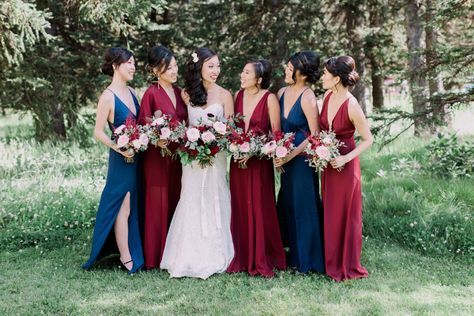 Lake Louise Wedding, Navy And Burgundy Wedding, Maroon Bridesmaid, Royal Blue Bridesmaids, Blue Winter Wedding, Royal Blue Bridesmaid Dresses, Chateau Lake Louise, Maroon Wedding, Royal Blue Wedding