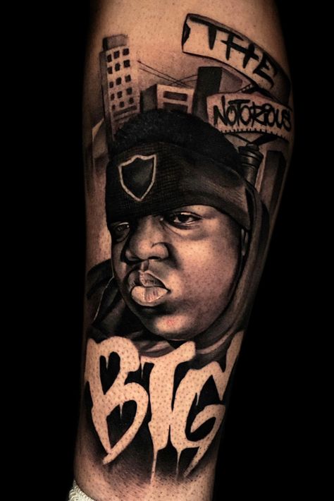 Biggie Tattoo by Luis. Availability at Holy Grail Tattoo Studio. Rapper Tattoos Ideas, Notorious Big Tattoo, Rap Tattoo Ideas, Rap Tattoo, Payasa Tattoo, Hip Hop Tattoo, Rap Legends, Holy Trinity Tattoo, Holy Spirit Tattoo