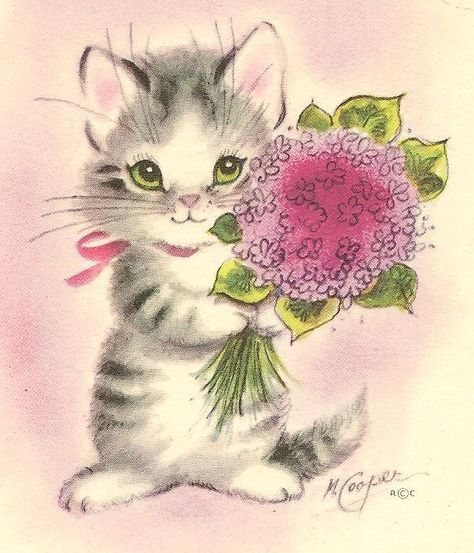 Kitsch Art, Kittens Vintage, Cat Cards, Cats Illustration, Vintage Greeting Cards, Vintage Cartoon, Vintage Cat, Cat Illustration, Cat Drawing