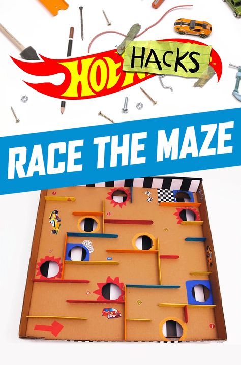 This epic Hot Wheels Labyrinth challenges kids to race to the finish and problem solve along the way. All your kids need to build their own maze is a pizza box, art supplies and popsicle sticks. Watch our DIY Hot Wheels Hot Hacks video to find out how kids can make this at-home activity. Hot Wheels Diy, Hot Wheel Games, Hot Wheels Room, Labyrinth Game, Hotwheels Birthday Party, Bday Party Kids, Dodge Chargers, Hot Wheels Birthday, Hot Wheels Party