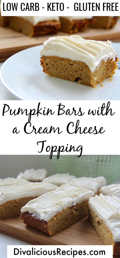 Pumpkin bars slathered with a cream cheese frosting are a delicious cake baked with coconut flour. A low carb and gluten free cake that will have you reaching for another. Gluten Free Pumpkin Bars, Pumpkin Bars With Cream Cheese, Bars With Cream Cheese Frosting, Bars With Cream Cheese, Baking With Coconut Flour, Low Carb Cheesecake, Keto Friendly Desserts, Low Carb Dessert, Pumpkin Bars