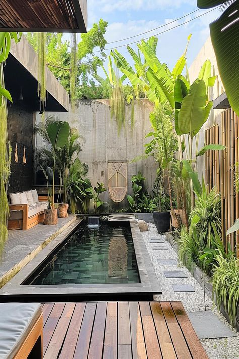 Small Bali Garden Ideas, Minimalist Swimming Pool, Tropical Modern Backyard, Bali Pool Design, Small Pool Landscaping, Bali Inspired Backyard, Bali Swimming Pool, Tropical Pool Design, Tropical Home Exterior