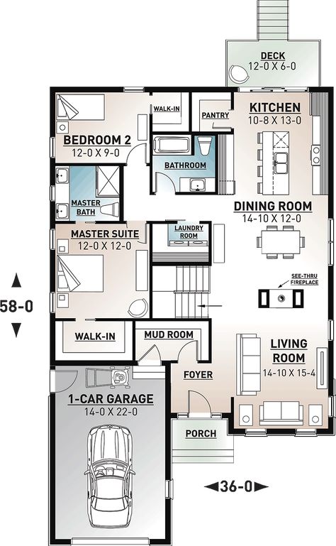 2 Bed House, Small Cottage House Plans, 2 Bedroom House Plans, House Plans One Story, Small House Floor Plans, Garage House Plans, Modern Style House Plans, 2 Bedroom House, Craftsman Style House Plans