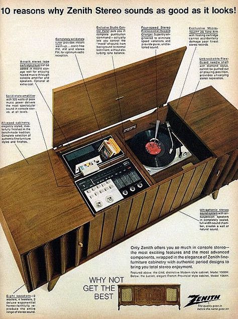 1968 Zenith stereo console ad Stereo Console, Childhood Memories 70s, Stereo System, Record Players, Vintage Memory, Old Ads, Vintage Records, Vintage Radio, Vintage Electronics