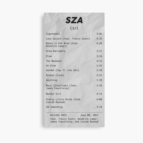 Sza Ctrl Album Receipt Canvas Ctrl Receipt, Sza Album Receipt, Sza Ctrl Aesthetic, Sza Sticker, Sza Collage, Travis Scott 4, Ctrl Sza, Album Receipts, Informational Poster