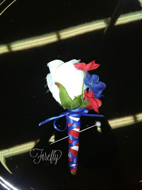 Veterans day red white and blue boutonniere Red White And Blue Boutonniere, White And Blue Boutonniere, Spiderman Wedding, Red White Blue Wedding, July 4th Wedding, Blue Corsage, Amber Wedding, Blue Boutonniere, Patriotic Centerpieces