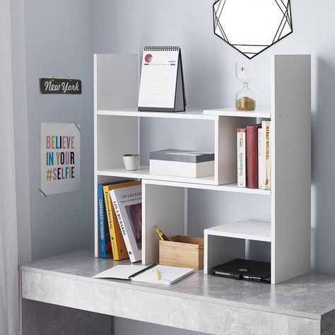 Latitude Run Aitan Yak about It Compact Adjustable Dorm Desk Standard Bookcase & Reviews | Wayfair Chambre Inspo, Dorm Desk, Desktop Bookshelf, College Dorm Desk, Desk Bookshelf, College Dorm Room Decor, Dorm Room Inspiration, College Room, College Dorm Room