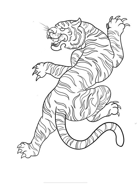 Tiger Tattoo Outline, Tiger Outline, Flash Art Tattoos, Traditional Tiger Tattoo, Bodysuit Tattoos, Japanese Tiger Tattoo, Japanese Tiger, Kunst Tattoos, Tiger Tattoo Design