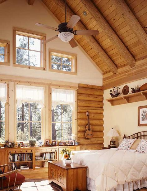 Some of the home's interior walls are drywall, including the ones in the master bedroom. Log Home Bedroom, Incredible Pictures, Log Cabin Living, Log Home Living, Log Cabin Ideas, Log Home Decorating, Cabin Living, Log Cabin Homes, Log Home