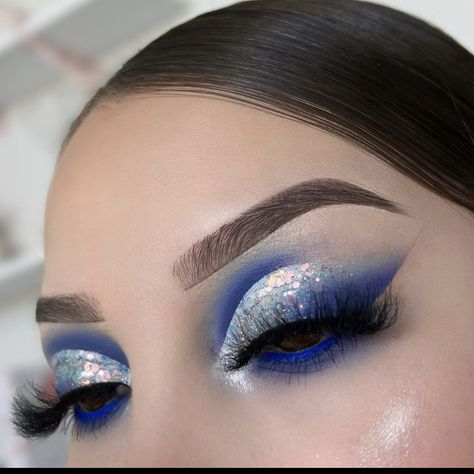 Royal Blue And Silver Eyeshadow, Royal Blue And Silver Eye Makeup, Blue Makeup Looks With Rhinestones, Navy Blue And Silver Makeup, Royal Blue Make Up Looks For Prom, White And Blue Makeup Looks, Blue Makeup With Rhinestones, Icy Blue Makeup Look, Royal Blue Eye Makeup Prom