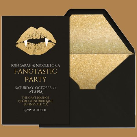 Have a fang-tastic party! Send this premium Halloween invitation from Evite detailed with gold glitter and vampire lips Tvd Party, Glam Halloween Party, Retro Vampire, Halloween Invites, Twilight Party, Halloween Spell Book, Glam Halloween, Vampire Party, Halloween Spells