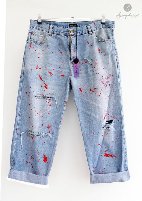 Zombie Survival Kit, Altering Jeans, Zombie Attack, Blood Splatter, Zombie Survival, Painted Jeans, Boyfriend Denim, Jeans Diy, Upcycled Denim