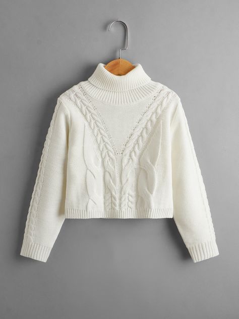 White Casual  Long Sleeve Acrylic Plain Pullovers Embellished Slight Stretch Fall/Winter Girls Clothing Outfits Dr, Cable Knit Turtleneck, Baby Boy Sweater, Woolen Sweaters, Cable Knit Turtleneck Sweater, Turtle Neck Jumper, Knit Turtleneck, Winter Girls, Knit Turtleneck Sweater