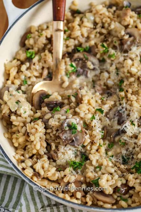 Barley risotto is a creamy and savory side dish perfect for fall! Made with pearl barley, wild mushrooms, and parmesan cheese it is a simple and delicious dish.  Serve with a juicy pork tenderloin and a crisp salad for an easy meal everyone will love! #spendwithpennies #barleyrisotto #mushroombarleyrisotto #risottorecipe #sidedish #maindish Barley Recipe Healthy, Easy Rice Pilaf, Mushroom Barley, Crisp Salad, Juicy Pork Tenderloin, Homestead Recipes, Barley Risotto, Barley Recipe, How To Make Risotto