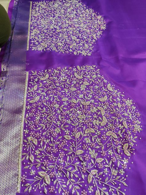 Lavender Aari Work Blouse, Lavender Colour Blouse Designs, Purple Blouse Work Designs, Purple Blouse Designs, Lavender Saree, Basic Blouse Designs, Magam Work Designs, Magam Work, Aari Designs