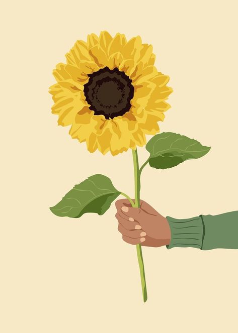 Sunflower Cartoon Aesthetic, Giving Flowers Drawing, Aesthetic Sunflower Background, Sunflower Illustration Art, Girasoles Aesthetic, Sunflowers Illustration, Aesthetic Vector, Hand Holding Flower, Wallpaper Sunflower