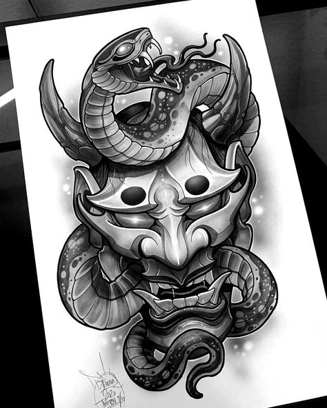 Oni Mask Snake Tattoo, Oni Mask And Snake Tattoo, Tattoo Prep, Desain Tattoo, Nepal Tattoo, Mascara Oni, Japanese Mask Tattoo, Forearm Cover Up Tattoos, Oni Mask Tattoo