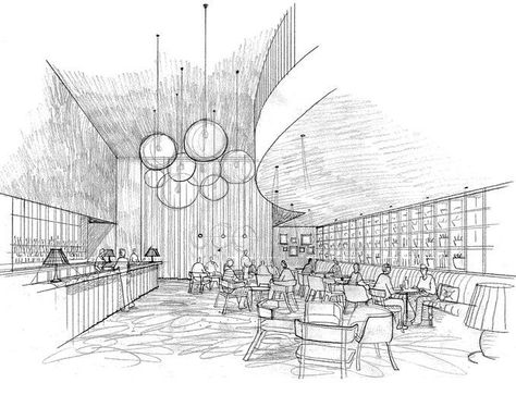 Restaurant Perspective Drawing, Hotel Sketch, Restaurant Sketch, Croquis Architecture, Perspective Sketch, Architecture Drawing Plan, Perspective Drawing Architecture, Architecture Portfolio Design, Interior Architecture Drawing