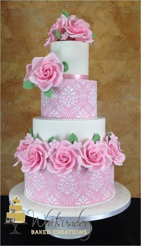 Ranee - Cake by Whitsunday Baked Creations - Deb Smith Damask Cake, Wedding Cake Fresh Flowers, Pink Wedding Cake, Gorgeous Wedding Cake, White Damask, Wedding Cakes With Flowers, Elegant Cakes, Cake Gallery, Beautiful Wedding Cakes