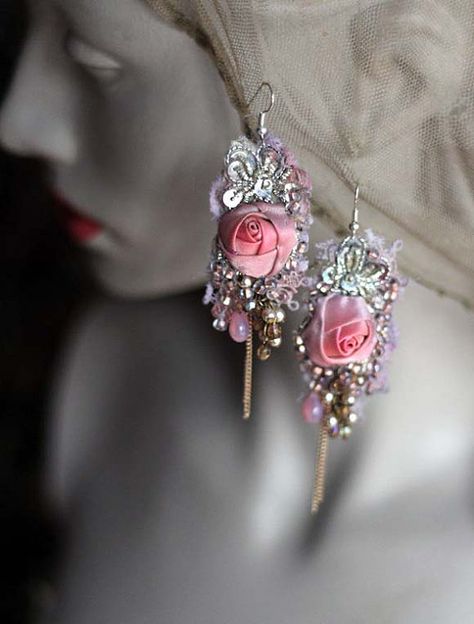 RESERVED --- Frozen roses--shabby chic romantic bohemian earrings, hand beaded Frozen Roses, Shabby Chic Earrings, Pink Jewellery, Boho Earring, Whimsical Jewelry, Ankle Jewelry, Fabric Earrings, Romantic Jewellery, Fancy Earrings