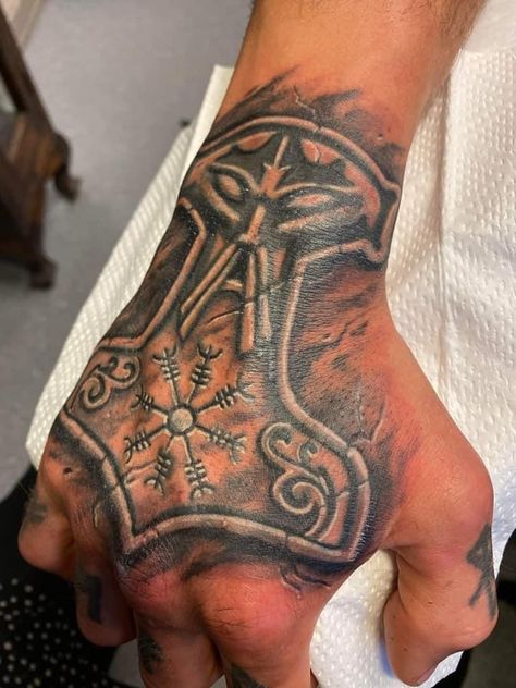 Nordic Hammer Tattoo, Thor Hand Tattoo, Mjolnir Tattoo Hand, Thors Hammer Hand Tattoo, Viking Tattoos Hand, Norse Hand Tattoos For Guys, Nordic Hand Tattoos For Guys, Nordic Back Tattoo Men, Viking Hand Tattoos For Guys