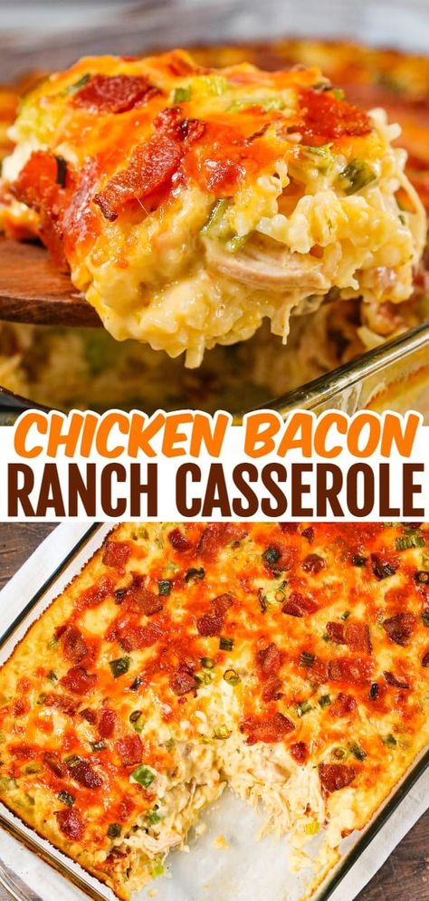 Chicken Bacon Ranch Casserole is a hearty chicken and rice casserole loaded with cream of chicken soup, cream of bacon soup, cheddar soup, ranch dressing mix, chopped bacon and shredded cheese. Bacon Ranch Casserole, Bacon Soup Recipes, Recipes Using Rotisserie Chicken, Ranch Casserole, Easy Chicken Casserole Recipes, Bacon Casserole, Chicken Bacon Ranch Pasta, Chicken Bacon Ranch Casserole, Chicken Casserole Easy