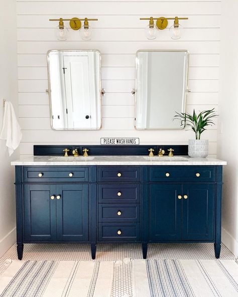 Kelley Gable on Instagram: “A bathroom fit for two cute boys 💙Love the penny tile & shiplap in this space! #interiordesign #bathroomdesign #bathroomrenovation…” Navy Double Vanity, Blue Vanity Bathroom Ideas, Navy Bathroom Vanity, Blue Vanity Bathroom, Modern Double Vanity, Small Home Library Ideas, Vanity Bathroom Ideas, Small Home Library, Pivot Mirror