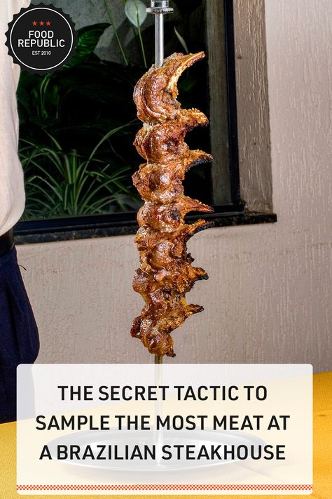 Restaurant chains like Rodizio Grill and Fogo de Chão introduced Americans to Brazilian steakhouse dining in the 1990s, and the concept has been growing in popularity ever since. The reason is pretty simple. Other than vegans and vegetarians, of course, who doesn't love the idea of all-you-can-eat meat? #restaraunt #brazillian #steakhouse #meat #secret Brazilian Steakhouse, Food Republic, Eat Meat, Marinated Chicken, The Secret, Grilling, Restaurant, Meat, Quick Saves