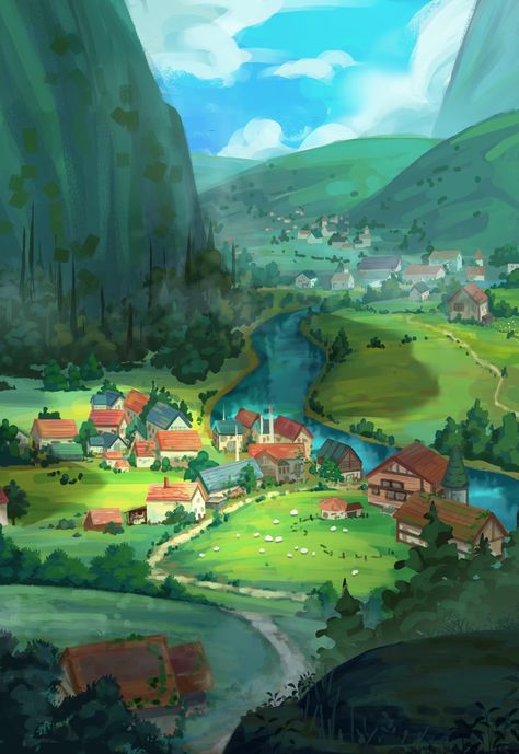 ArtStation - Study background - Switzerland's landscape, Diep Bui Switzerland Painting Wallpaper, Solarpunk Environment, Anime Village Background, City Landscape Illustration, Landscape Animation, 2d Landscape, Village Illustration, Study Background, Switzerland Landscape