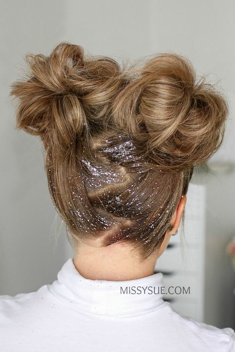 Galaxy Girl Glitter Buns | MISSY SUE Missy Sue, Hair Bun Tutorial, Bun Tutorial, Peinados Fáciles Para Cabello Corto, Brown Blonde Hair, Hair Videos Tutorials, Glitter Hair, Trending Hairstyles, Hair Bun