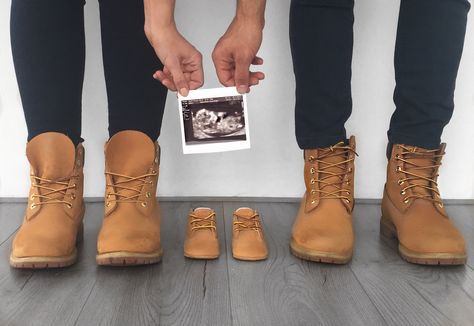 Pregnancy announcement Timberland shoes for three Baby Announcement Ideas To Family, Hiking Pregnancy Announcement, Fun Pregnancy Photos, 1st Baby Announcement, Creative Pregnancy Announcement Photos, Pregnancy Announcement Shoes, Pregnancy Reveal Photoshoot, Cool Pregnancy Announcement, Baby Announcement Shoes